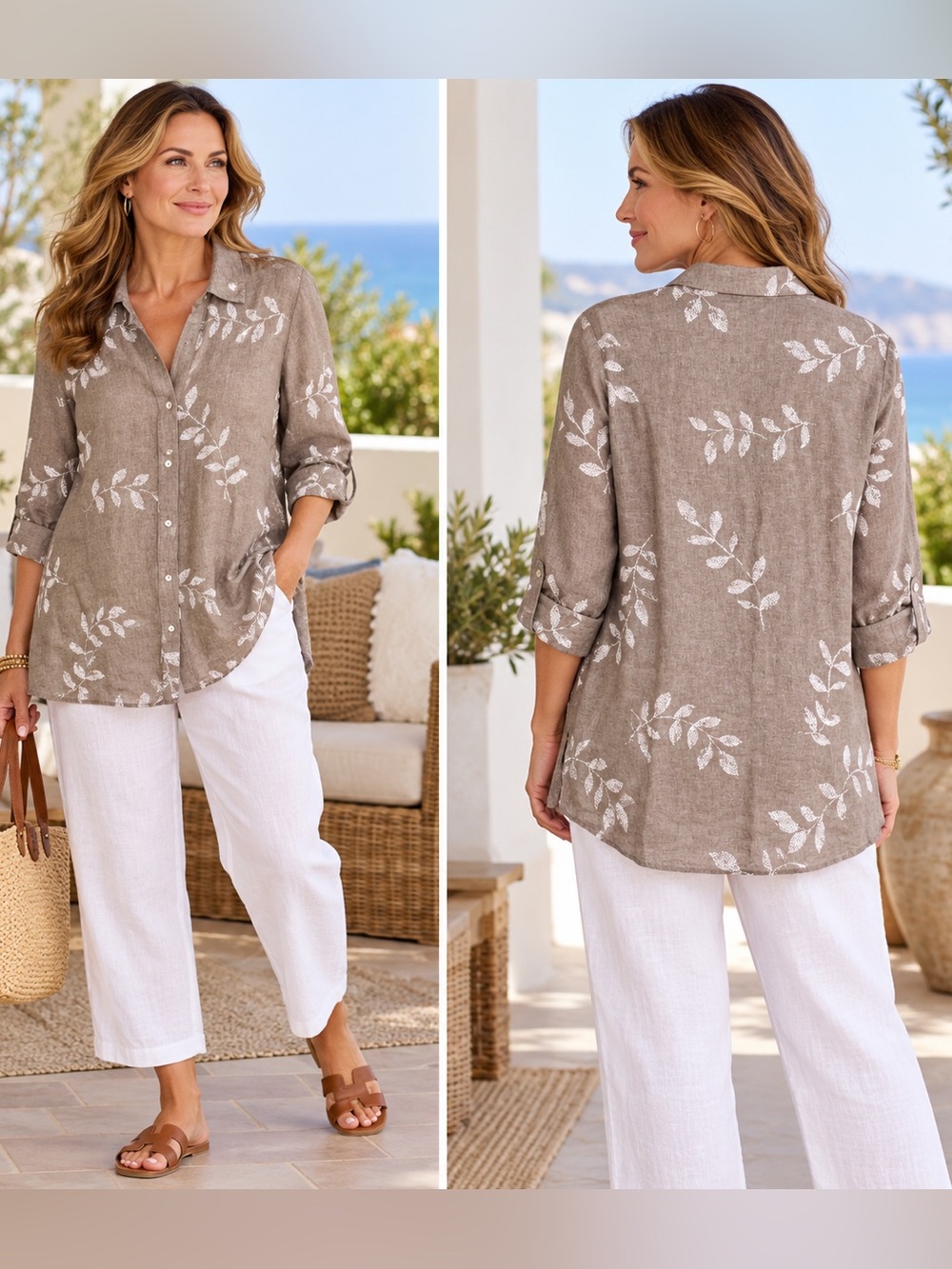 Susan Graver Taupe Leaf-Print Button Front Shirt